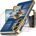 3 x Dretal for Samsung Galaxy A36 5G Case, Galaxy A36 5G Case with Screen Protector, 360 Rotatable Ring Holder Magnetic Kickstand,Plated Gold Edge Slim Soft TPU Protective Phone Cover (Blue, ZH)