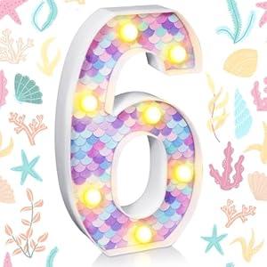 Glooglitter Mermaid Birthday Party Decoration, Decorative LED Glowing Numbers Mermaid Theme Marquee Digital Lights Table Centerpiece for Kids Under The Sea Birthday Baby Shower Party Decoration(6)