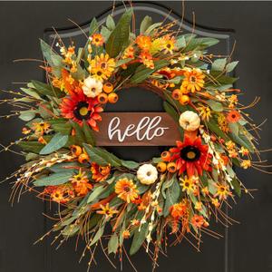 24 Inch Fall Wreaths for Front Door Outside- Pinkpuii Artificial Autumn Wreath with Sunflowers,Pumpkins & Hello Sign Lifelike Silk Thanksgiving Harvest Wreath- Indoor Outdoor Farmhouse Home Decor