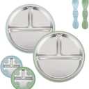 PandaEar 2 Pack Stainless Steel Baby Suction Plates & 2 Pack Spoons, Toddler Utensils Baby Feeding Set, Divided Plates for Baby Led Weaning Supplies, BPA-Free (Blue/Green)
