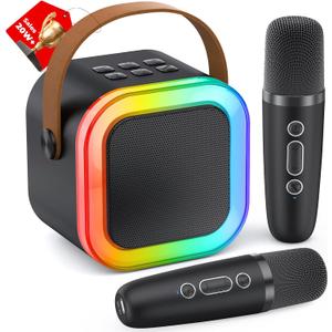 Mini Karaoke Machine for Kids Adults, 2025 TOP Christmas Birthday Gifts for Boys 3,4,5,6,7,8,9,10+ Years Old Toddler Toys, Portable Bluetooth Speaker with 2 Wireless Karaoke Microphones Player (Black)