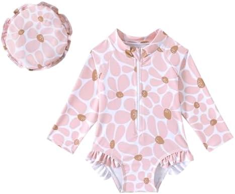 Goodplayer Baby Girl Swimsuit One-Piece Long Sleeve Rash Guard with Hat Set Zipper Bathing Suit, Size 12-18M