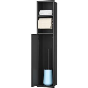 in Wall Toilet Paper Niche w/Shelf, Recessed Toilet Roll Holder for Bathroom Remodeling, 304 Stainless Steel Covered Brush Holder (Matte Black)