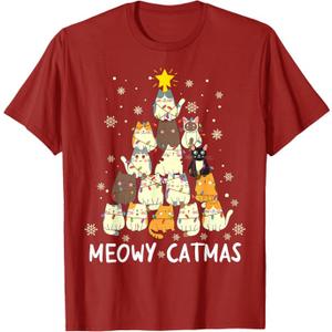 Meowy Catmas Cat Christmas Tree Xmas Girls Boys Funny Santa T-Shirt, S