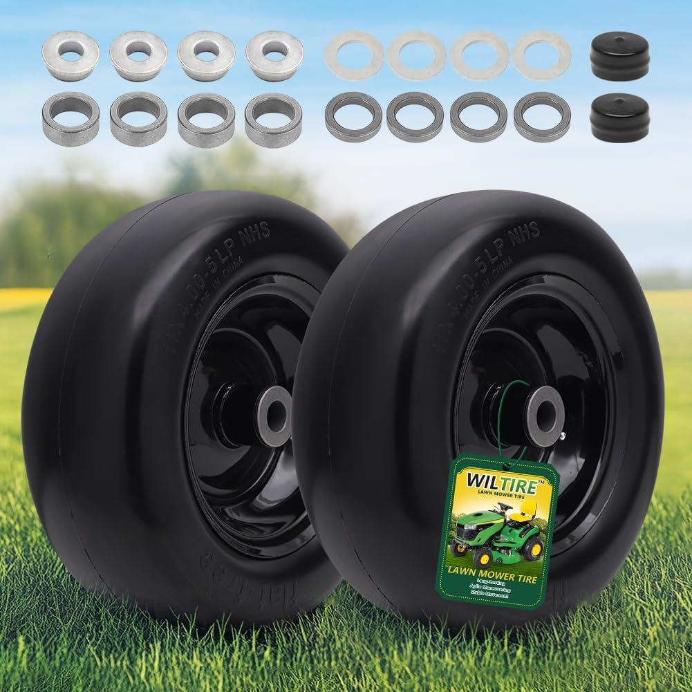 11x4.00-5 Lawn Mower Tires Flat Free (2 Pack),Universal 11x4-5 Solid Smooth Tractor Turf Tire with Rim, 3.4" Centered Hub and 3/4" & 5/8" Bushing, For Zero Turn Mowers and Riding Lawn Mower (Black)