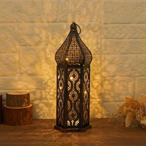 Moroccan Style Temple Hollow Iron Lantern, Vintage Ramadan Lamp Home Decoration Lights Ornaments,Hanging Metal Candle Holders Battery Operated for Table Indoor Decor13.4 Inch Copper