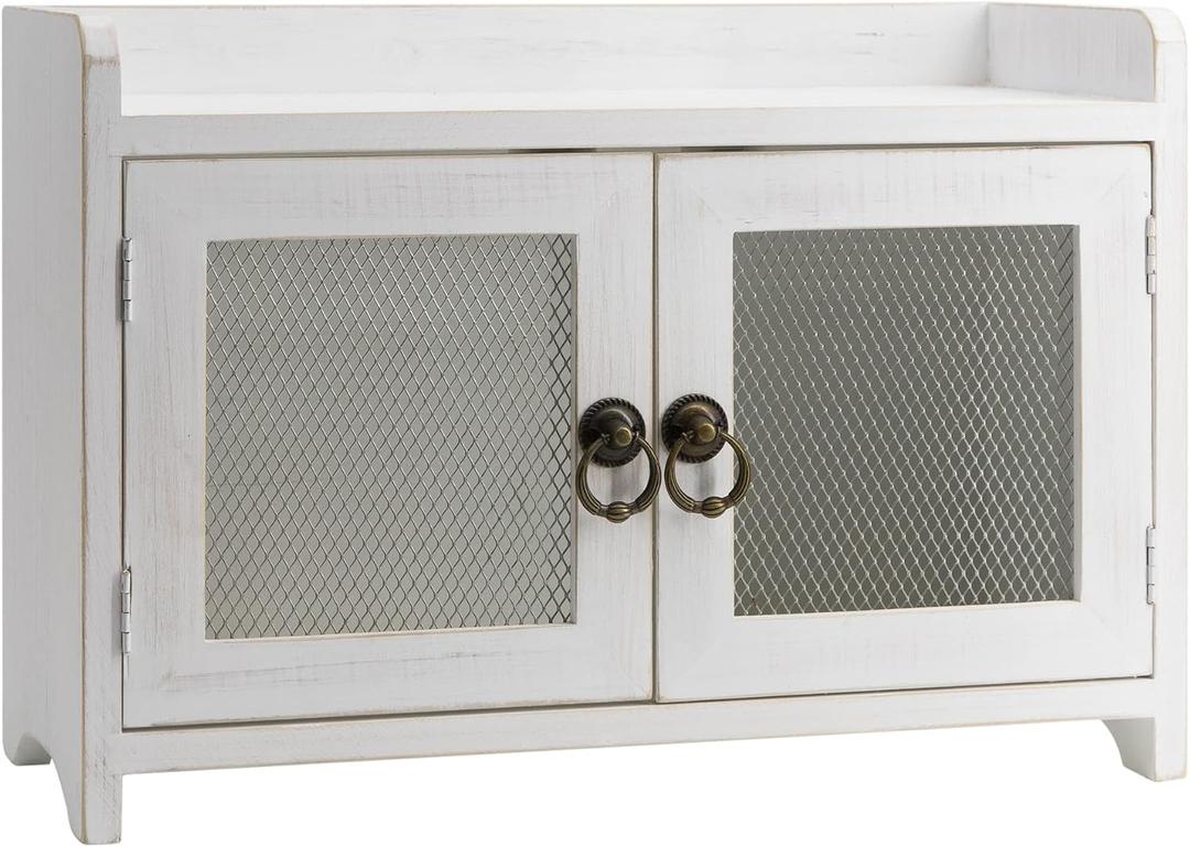 COLLECTIVE HOME - Storage Cabinet, Mini Countertop Cabinet, Wood Organizer for Kitchen Living Room Bedroom Bathroom Office with Magnetic Door, 14.5 x 6.5 x 10 (White, Wire Netting)