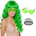 Grass Green Wavy Wig with Bangs Heart Sunglasses for Women, Neon Long Curly Funny Wigs Funny Party Synthetic Hair for St. Patrick's Day Cosplay Christmas Halloween Costume Bachelorette Party