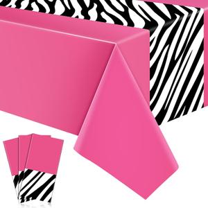 Buryeah 3 Pcs Zebra Tablecloth Zebra Print Plastic Table Cloth Disposable Tablecloth Animal Safari Table Cover 54 x 108'' for Baby Shower Wedding Birthday Party Decorations Supplies(Hot Pink A)