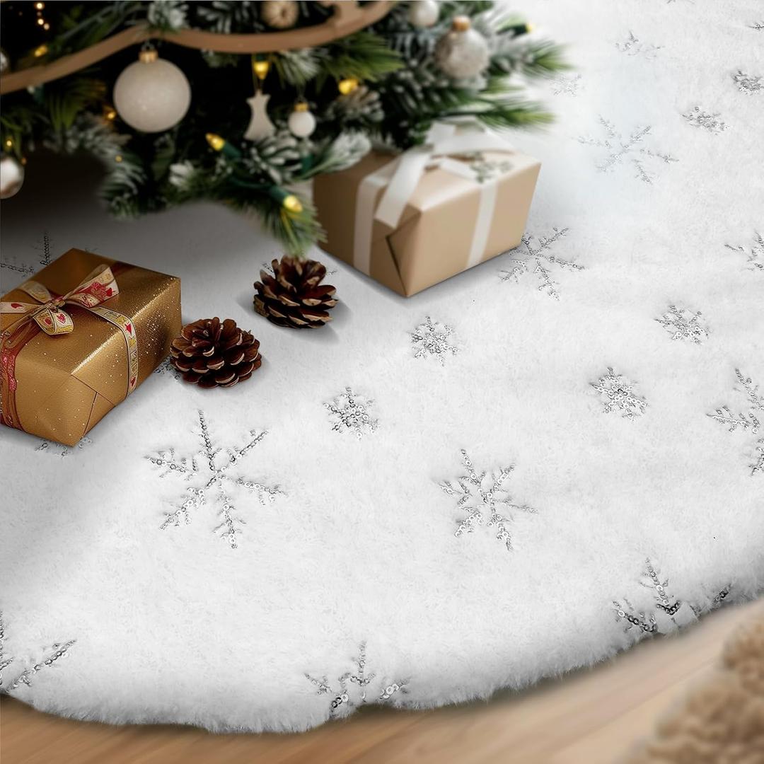 White Snow Tree Skirt - Soft, Fluffy Christmas Skirts for Xmas Trees - Elegant Home Indoor Decor Christmas Tree Skirt - Holiday Party Essential Tree Skirt (45.28 Inch Sliver)