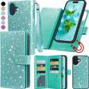 Varikke for iPhone 16 Plus Wallet Case Detachable with RFID Blocking Card Holder for Women, Glitter Leather Strap Strong Magnetic Flip Wallet Removable Phone Case for iPhone 16 Plus 6.7", Mint