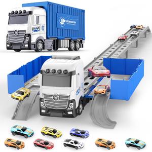 Transformable Truck & 3 Layer Race Track Playset, 62 inch Spring-Powered Track Toddlers Toys with 8 Cars & Parking Garage, Toy Trucks for Kids Ages 3-6, Birthday & Xmas Gifts for Boys Girls (Blue)