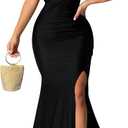 Women Sexy Off Shoulder Prom Evening Gowns Elegant V Neck Short Sleeve Wrap Formal High Split Wedding Guest Dress (Black, XL)