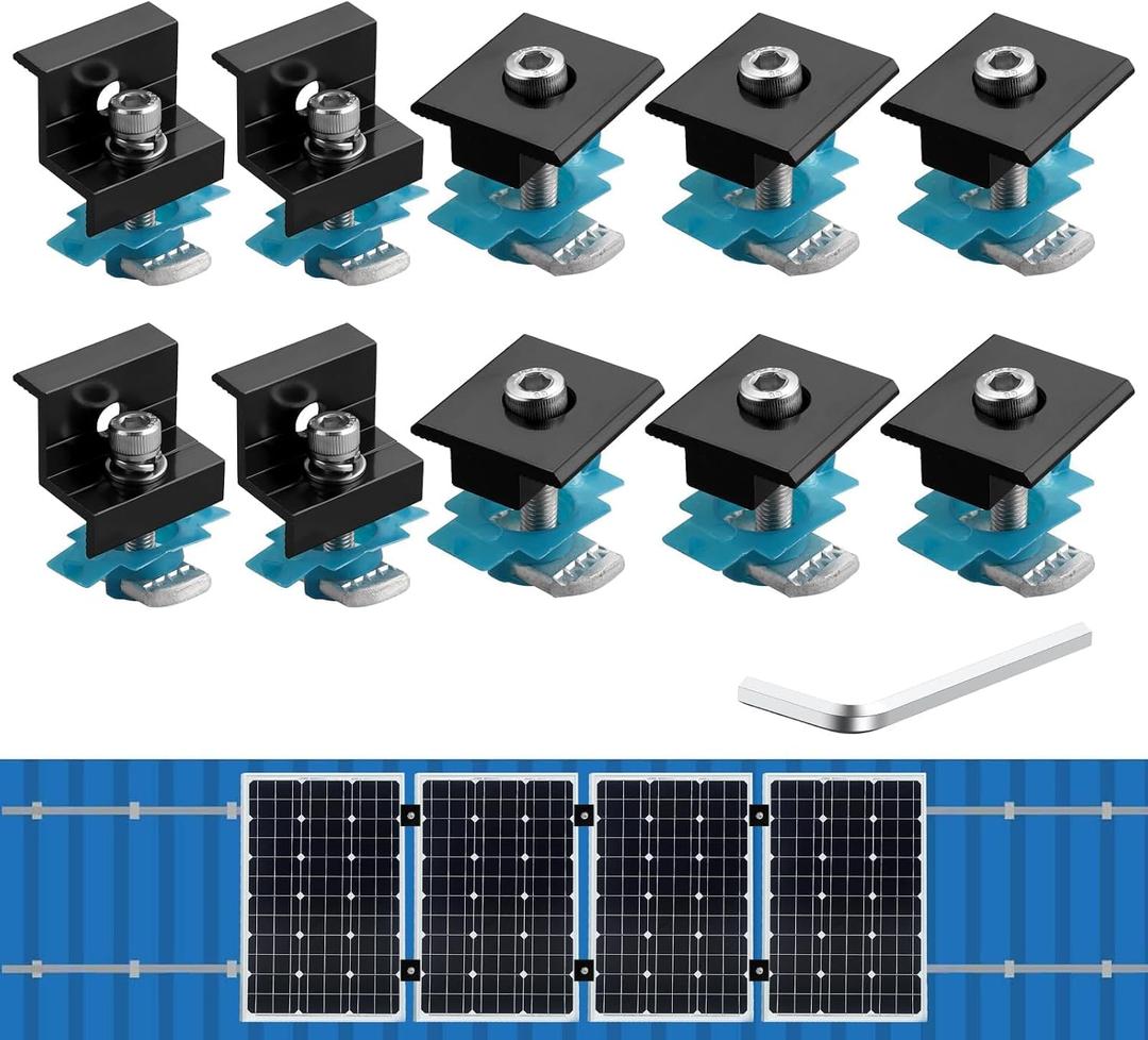 Anbte 10 PCS Solar Panel Mounting Brackets for Unistrut, Aluminium 30mm/35mm 6 x T-Shaped Mid Clamps + 4 x End Clamps, Solar Panel Mounting Kit for Metal, Tin, Flat, Sheet Roofs, RV, Black