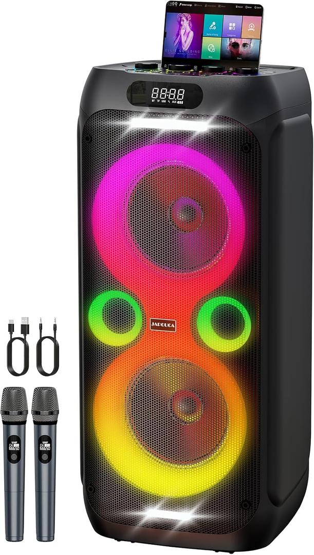 Karaoke Machine for Adults 24 Hour Non-Stop Big Party Speaker Bass Boost w/Double 8" Woofer Portable Bluetooth Speaker, 2 Wireless Microphone, DJ Mode/AC Power/Guitar Input