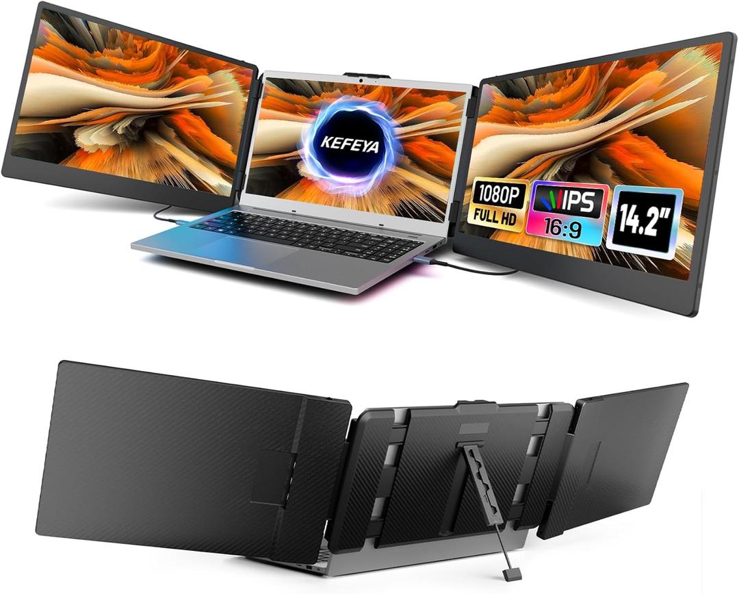 Laptop Screen Extender, 14.2" Portable Triple Monitor for Laptop with Full HD IPS Display, Monitor Extender Compatible with Mac, Windows, Chrome, Fits 13-17 Inch Laptops