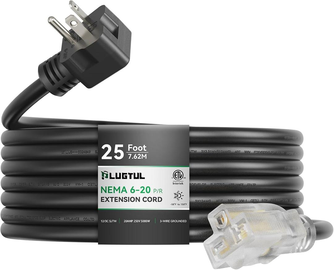PLUGTUL NEMA 6-20 Extension Cord 25FT, Heavy Duty Extension Cord with Lighted Outlet, 20A/250V, 12Gauge SJTW, ETL Listed, 6-20P to 6-20R (T Blade Female Adapter) - Black