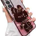 for Samsung Galaxy S24 Fe Case for Women Girls,Cute Hidden Rabbit Mirror Kickstand,Plating Soft Clear TPU with Camera Lens Protector,Luxury Bling Glitter Layer Girly Phone Case for Samsung S24FE Pink