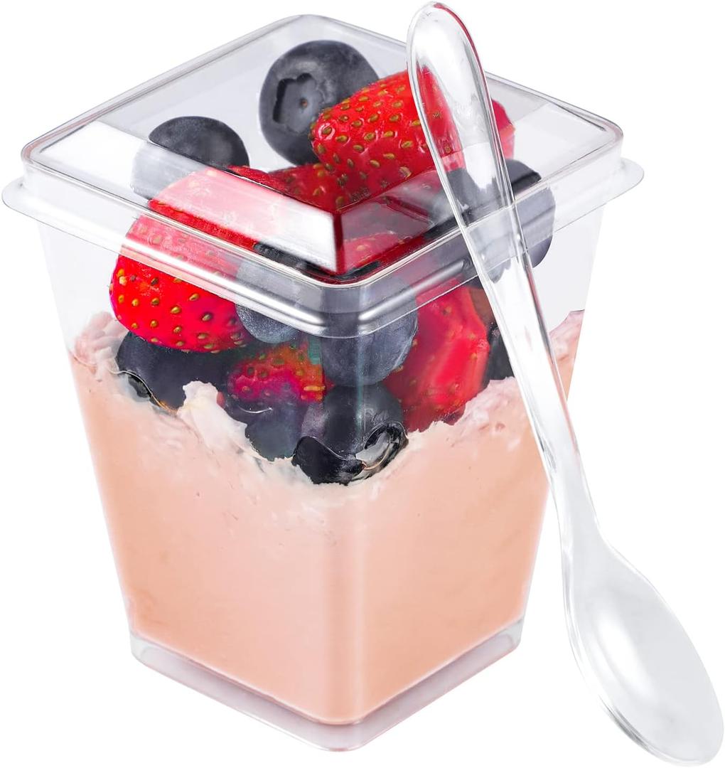 EASERCY 50 Pack 5 oz Plastic Dessert Cups with Lids, Yogurt Parfait/Appetizer Cup with Lids for Party, Mini Dessert Cups with Spoons Dessert Shooter Cups for Pudding, Fruit and Ice Cream