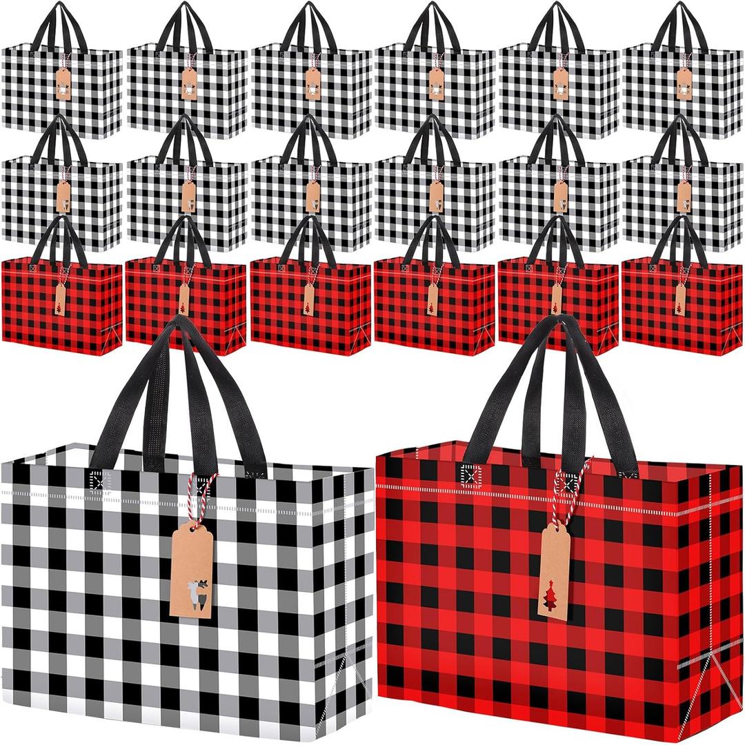 Clysee 24 Pcs Large Christmas Gift Bags with 25 Gift Tags 12.6 x 9.8 x 5.5 Inch Reusable Tote Bags with Handles Buffalo Plaid Non Woven Christmas for Xmas Party Gifts Wrap (Plaid,Red White)