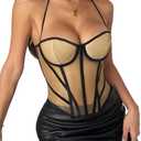 GIYKBX Sheer Mesh Corset Tops for Women Sexy Going Out Bustier Top Halter Strap Lace Up Sleeveless Slim Fit Party Club Crop, Gold M