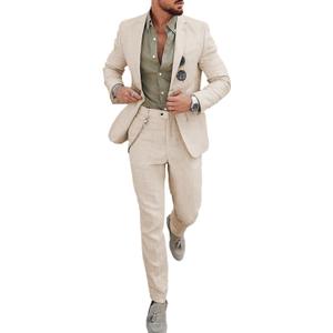 UNINUKOO Mens 2 Piece Suit Linen Summer Top Blazer Pants Sets Beach Wedding Wear Vacation Prom Suits for Men (Pink, L)