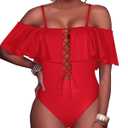 Tempt Me Women Red Sexy One Piece Swimsuit Ruffled Off Shoulder Lace Up Bathing Suit, M, Red