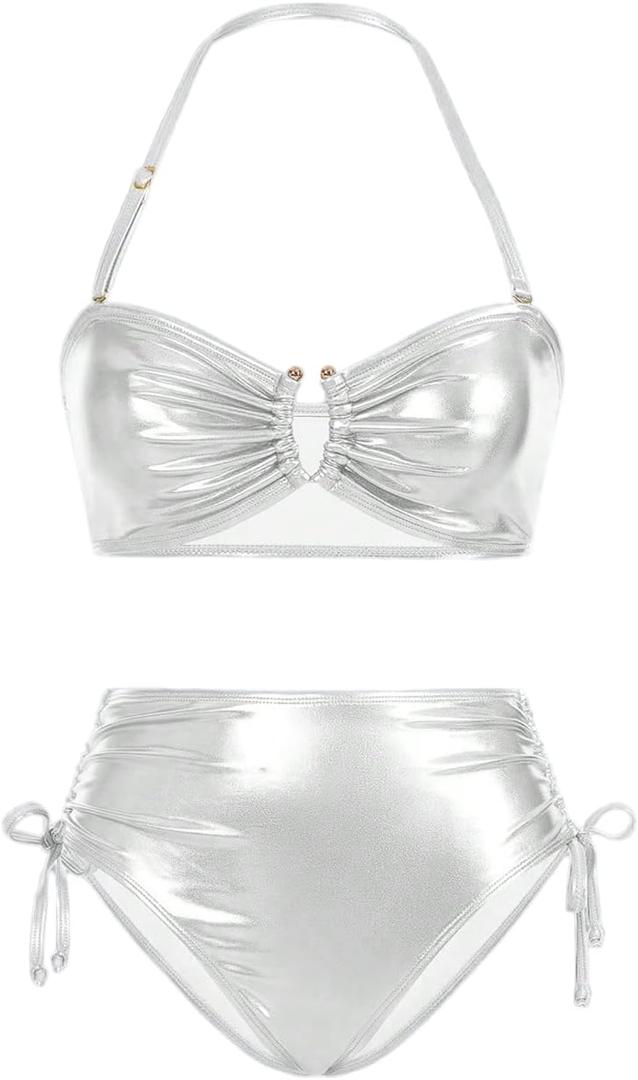 MakeMeChic Women's 2 Piece Gold Bikini Sets Metallic High Waisted Ruched Halter Tie Side Swim Bathing Suit, White, Small