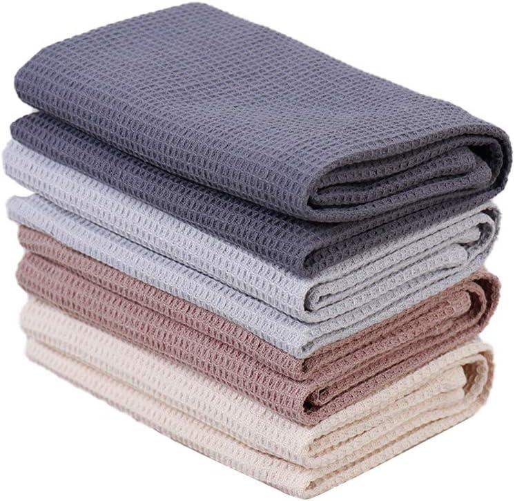 PY HOME & SPORTS Dish Towels Set, 100% Cotton Waffle Weave Kitchen Towels 4 Pieces, Super Absorbent Kitchen Hand Dish Cloths for Drying and Cleaning (17 x 25 Inches, Set of 4) (Dark Grey+grey+brown+beige)