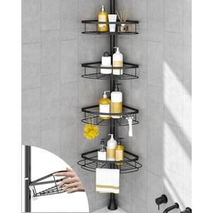 SEIRIONE Corner Shower Caddy Tension Pole, Rustproof Bathroom Shower Organizer Corner, 4-Tier Adjustable Bathroom Shelf, Solid Rack Ideal for Bathtub Storage, 34 to 116 Inch Height, Black