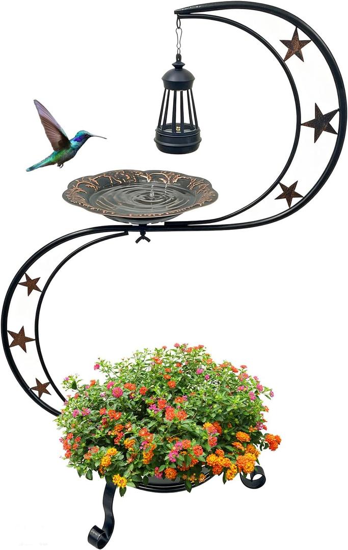 Solar Bird Bath for Outside, Vintage Metal Bath Bowl Standing Birdbaths with Flower Planter for Garden Yard Lawn Decor