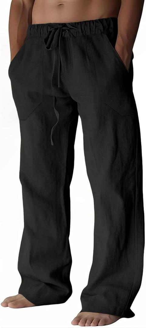 ZARLAN Breathable Men's Cotton Linen Pants Casual Lightweight Summer Beach Elastic Drawstring Waist Trousers (Black, L)