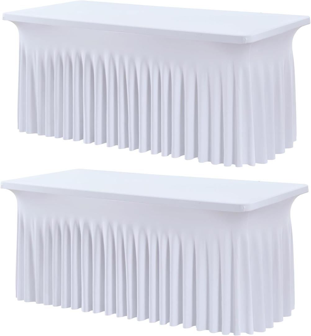 Outpain White Spandex Table Clothes for 6 Foot Rectangle Tables-2Pack 6FT Spandex Fitted Table Cover, Wrinkle Free Tablecloths with Skirt for Parties, Wedding, Birthday, Banquet, Festival