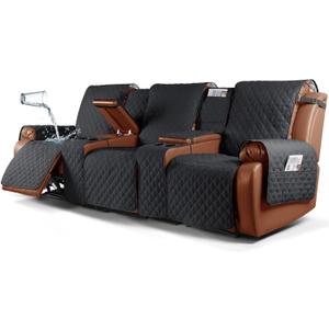 Ruaozz Waterproof Recliner Sofa Cover with Console Non-Slip Couch Covers for Reclining Couches Pet Cover for Double Recliner Sofa Cover with Elastic Straps for Kid Dogs Pets (Black, 3 Seater)