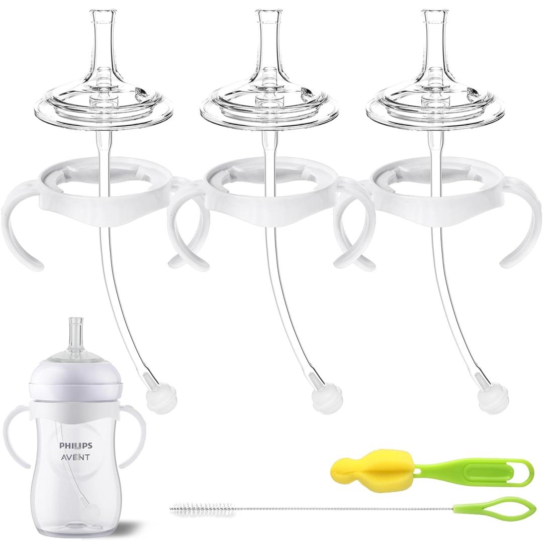 Straw Cup Conversion Kit for Philips Avent Natural Baby Bottles, Sippy Cups Transition Kit with Silicone Straw Top Nipples, Weighted Straw, Bottle Handle, Cleaning Brush for Toddler 6+ Month, 3-Pack (Transparent, White)