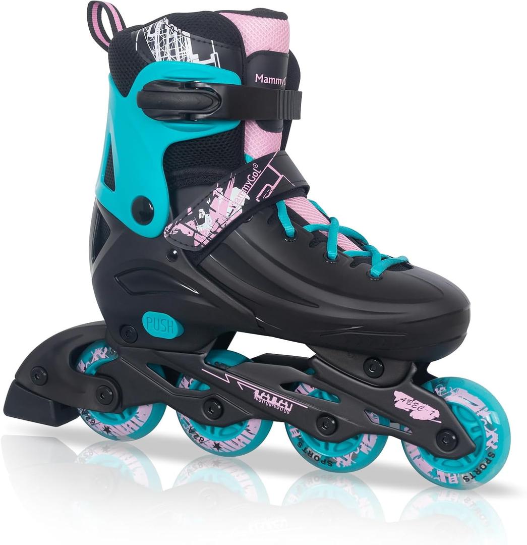 MammyGol Adjustable Inline Skates for Kids Youths Adults, All Wheels Light Up, Indoor and Outdoor Blades Roller Skates for Boys Girls Teen Beginners (Large - Youth (3-6 US), Teal)