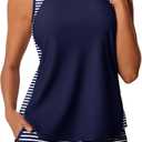 Summer Mae Blouson Tankini Swimsuits for Women 2026 Tummy Control Two Piece Bathing Suits with Sporty Pockets Swim Shorts (12, Blue and White Stripes)