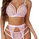 Avidlove Women Lingerie Set Lace Teddy Strap Babydoll Bodysuit with Garter Belts (X-Large, Light Pink)