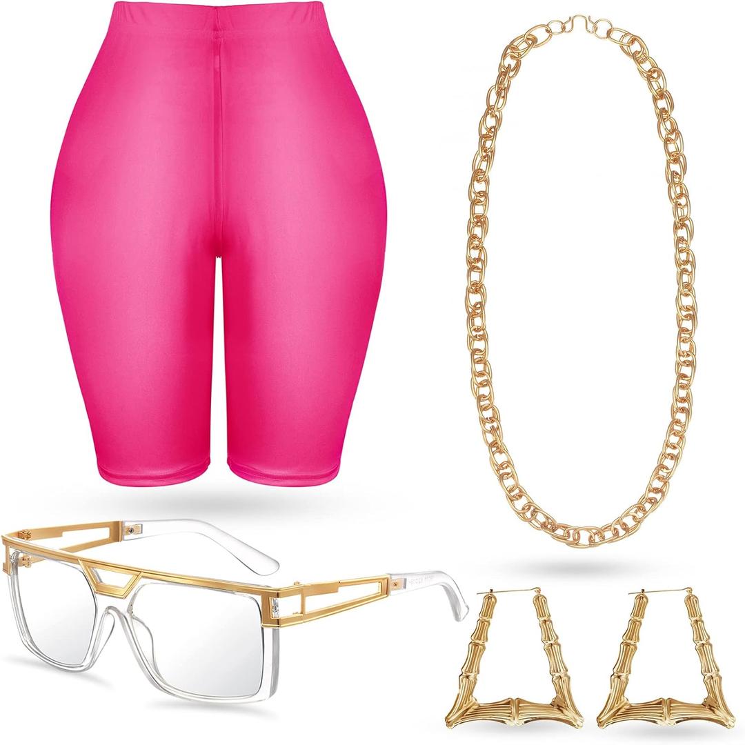 Geyoga  80s 90s Outfit for Woman Hip Hop Costume Kit Rapper Accessories Yoga Pants Sunglasses Gold Chain Earrings (Small, Rose Red)