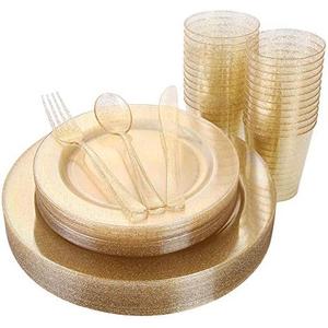 I00000 150PCS Gold Disposable Plates Silverware, Gold Glitter Dinnerware Set Include 25 Dinner Plates 10.25’’, 25 Dessert Plates 7.5’’, 25 cups 10 OZ, 25 Forks, 25 Knives, 25 Spoons for Wedding,Party
