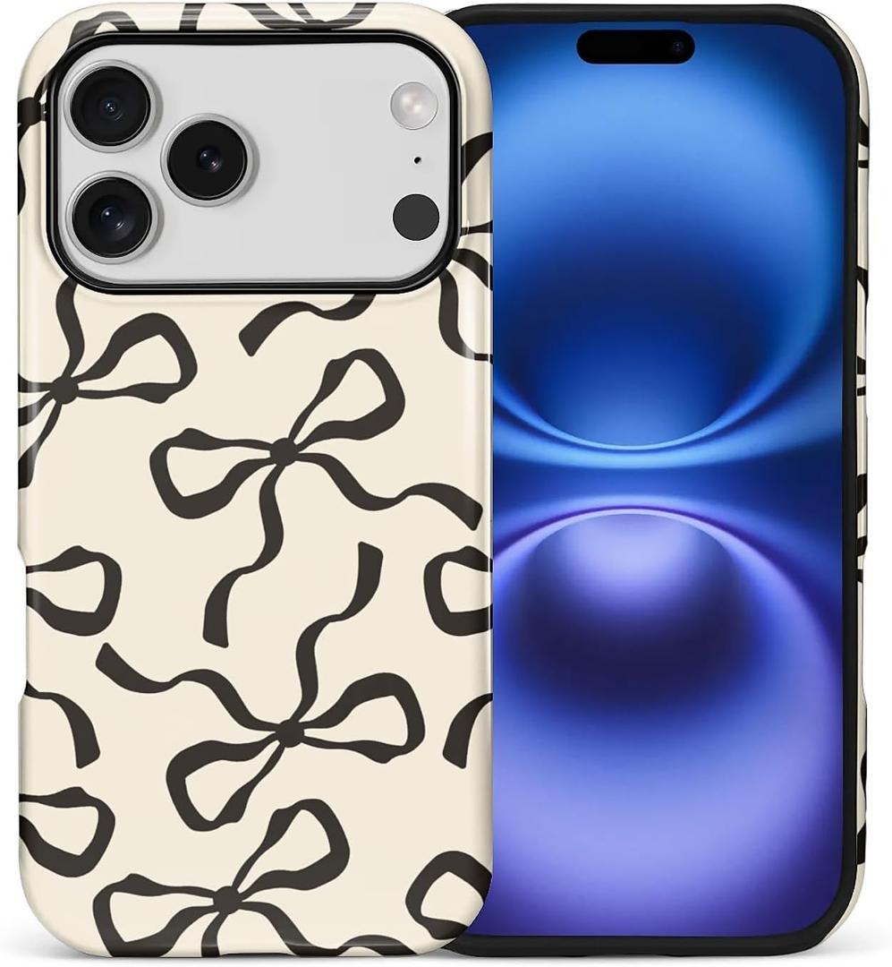 for iPhone 17 Pro Case, Aesthetic Black Bow Hybrid 2 Layer Hard Shell Silicone Protective Pattern Design Case