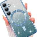 ZIYE Magnetic Case Designed for Samsung Galaxy S23 Glitter Case Luxury Plating Love Heart Compatible with MagSafe Clear Case with Camera Protector Protection Shockproof Cover for Women Girls-Blue