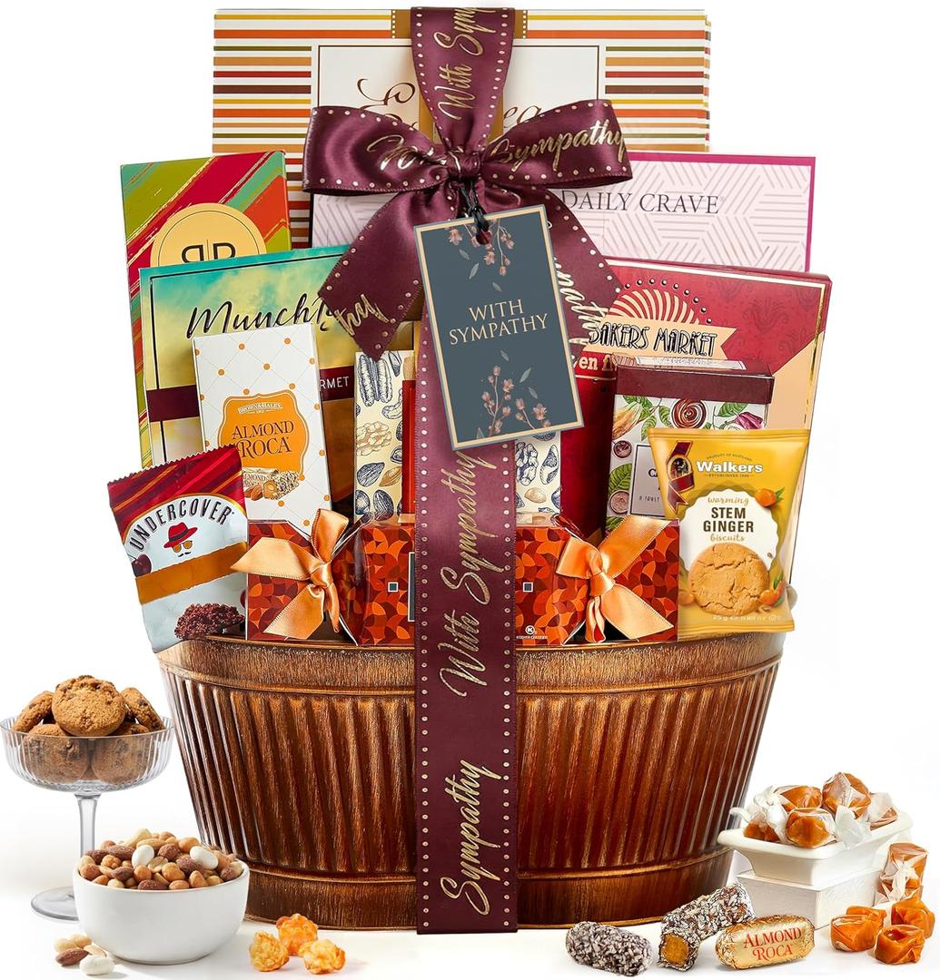 Broadway Basketeers Sympathy Gift Baskets Bereavement & Condolences Care Package with Gourmet Snacks - Thoughtful Sympathy Gifts Delivery for Loss of Loved One, Funeral, or Kosher Shiva