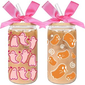 2 Pack Halloween Ghost Iced Coffee Glass Tumbler Cups with Lids and Straws - 16Oz Spooky Halloween Ghost Glass Tumbler Gifts With Pink Bow-knot for Women, Girls, Kids