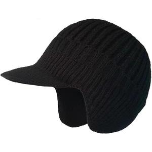Cozy Head Beanie for Men - Winter Beanie with Brim and Ear Flaps, Outdoor Warm Fleece Lined, Ear-Covered Woolen, Fleece-Lined Knitted Hat for Cold Weather Black