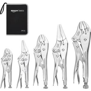Amazon Basics 5-Piece CR-V Locking Pliers and Wire Cutters Set with Carrying Case, 2 Straight, 3 Curved Jaw, 6.5-10 inch, Silver