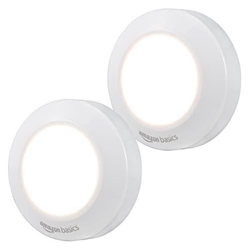 Amazon Basics LED Puck Lights, Battery Operated, 50 Lumens, Under Cabinet Lighting, Easy to Install, Easy to Use, Adhesive Backing, 2-Pack, White