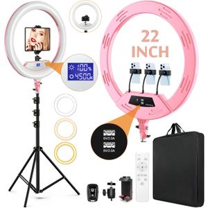 22"Ring Light with Stand, Ring Light Tripod for iPhone iPad, with 75"Tripod/LCD Display/4 iPad iPhone Clips/2 USB Ports, 2600 K- 6500 K Color Temperature, for Barber Makeup Tattoo TikTok Video Recording Vlog (Pink)