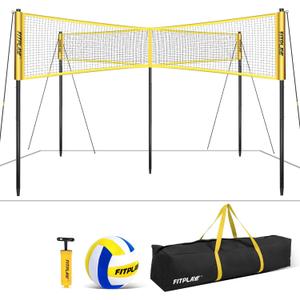 WEEPALM Four Square Volleyball Net Set - 14FT Adjustable Height (7', 5'3", 3'5") - Yellow PE Net with Official PU Volleyball & Air Pump - Quick Assemble Outdoor Game for Adults & Youth