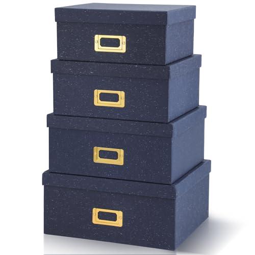 Eaasty Set of 4 Decorative Storage Boxes with Lids, Kraft Paper Boxes with Gold Label Holders, Decorative Photo Memory Keepsakes Storage, Cardboard Organizers for Home Decor, Office Organizing(Blue)